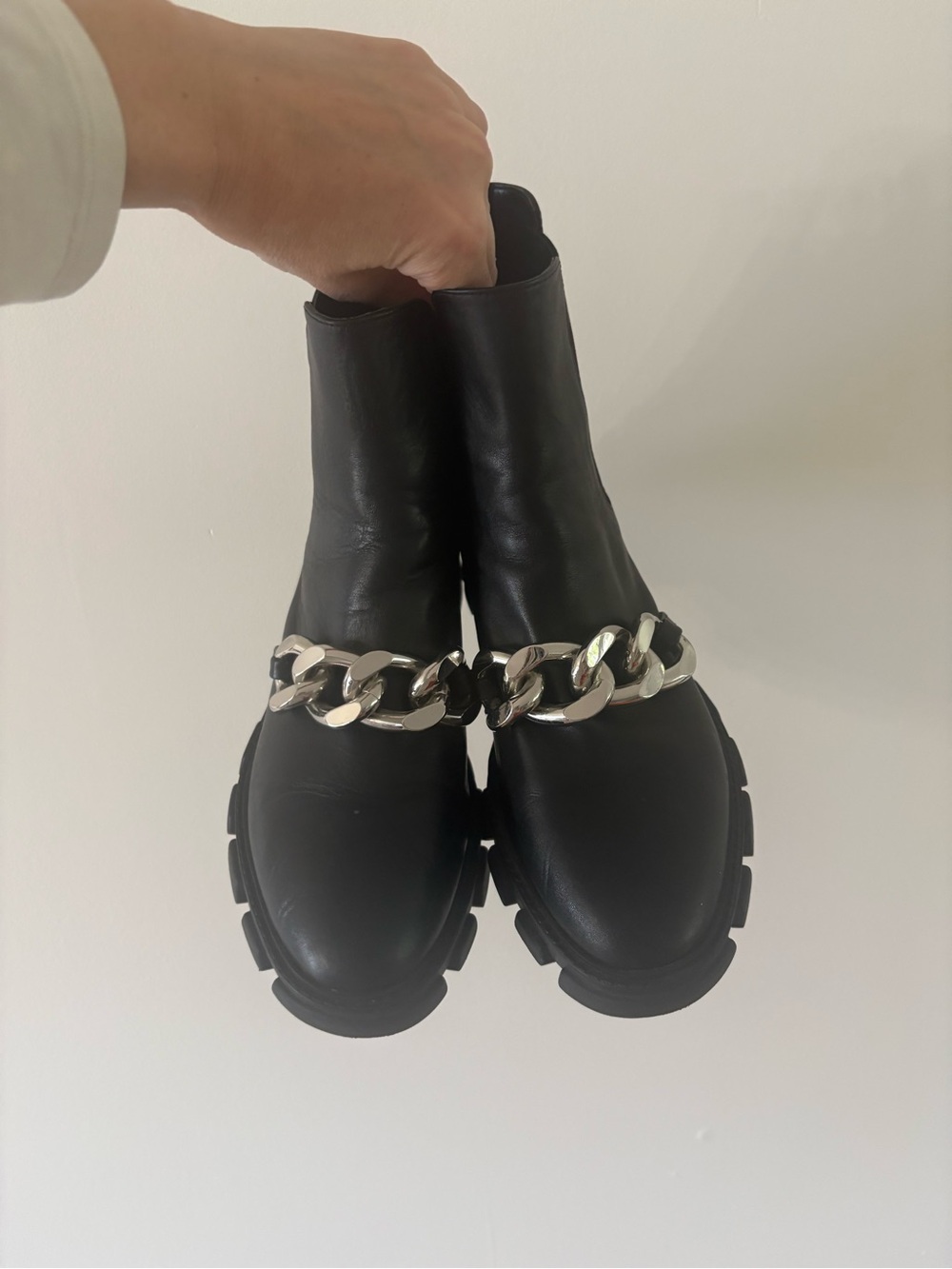 Michael Kors Black Leather Ankle Boots with Silver Chain Trim